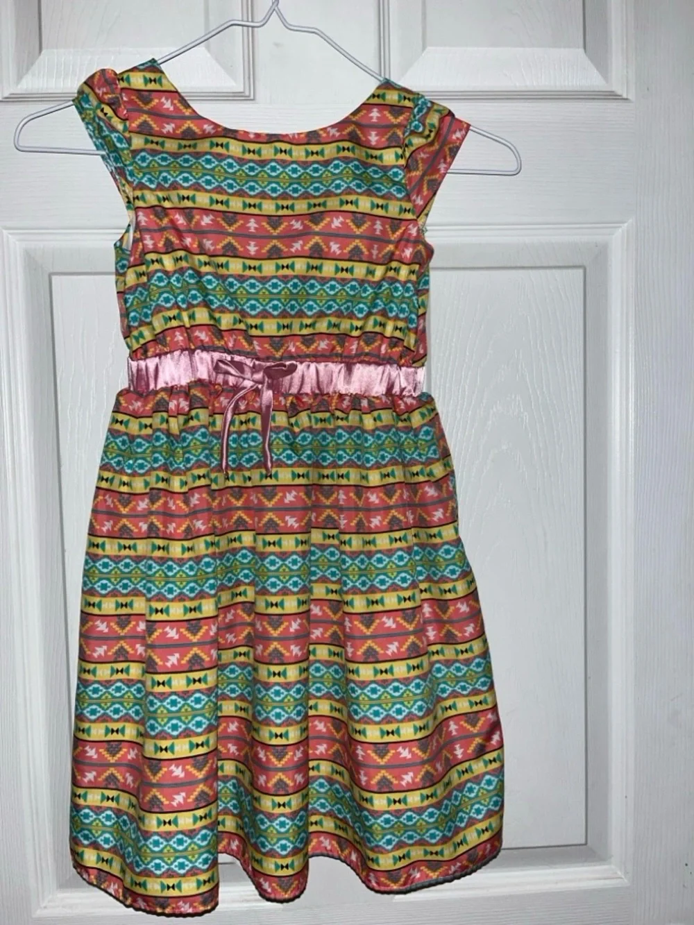 Article Girls Pink Satin-Waist Multicolor Aztec Dress
